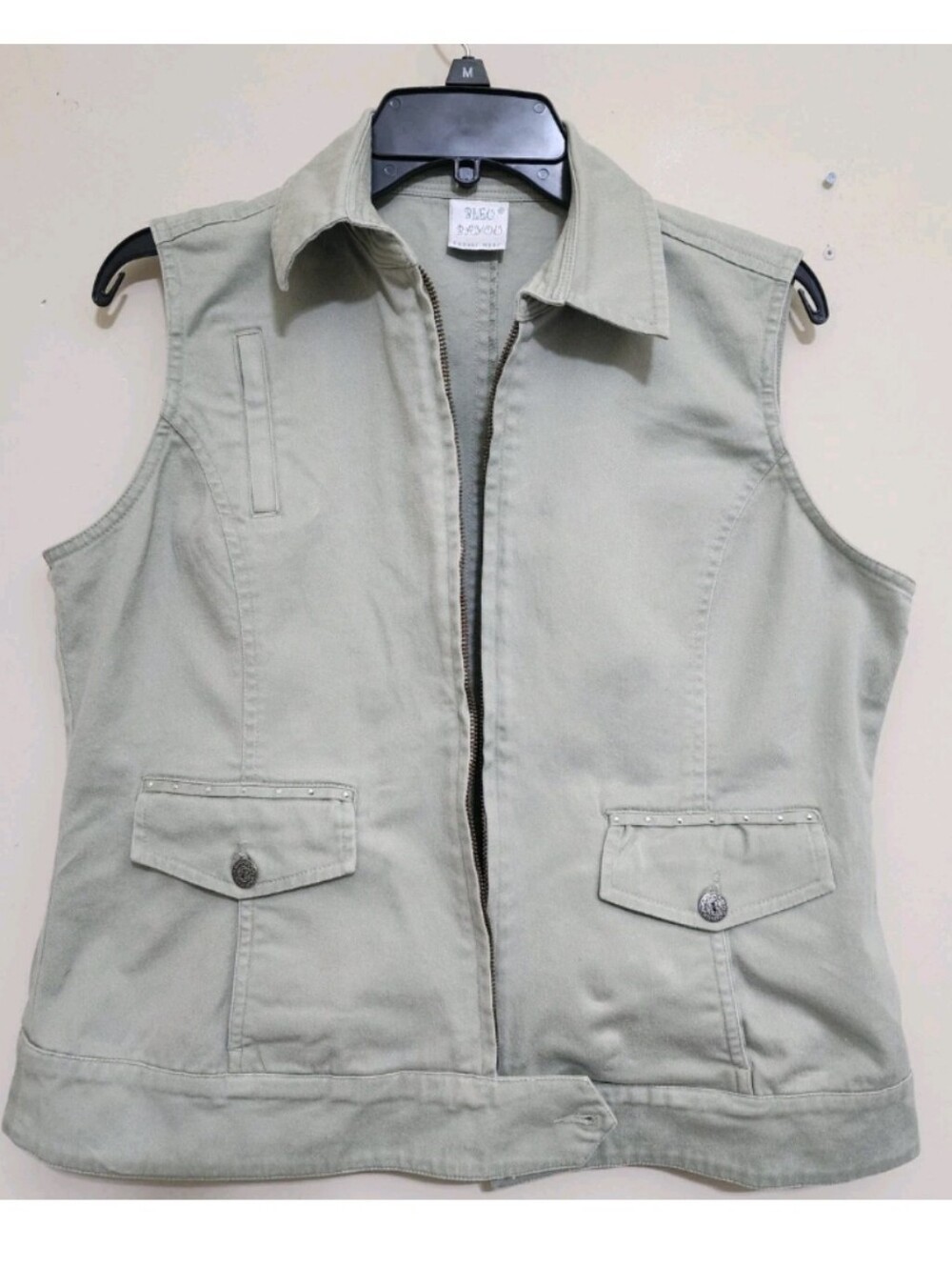 vintage BLEU BAYOU size Medium Full Zip Cotton Studded Vest w/ Pockets Green